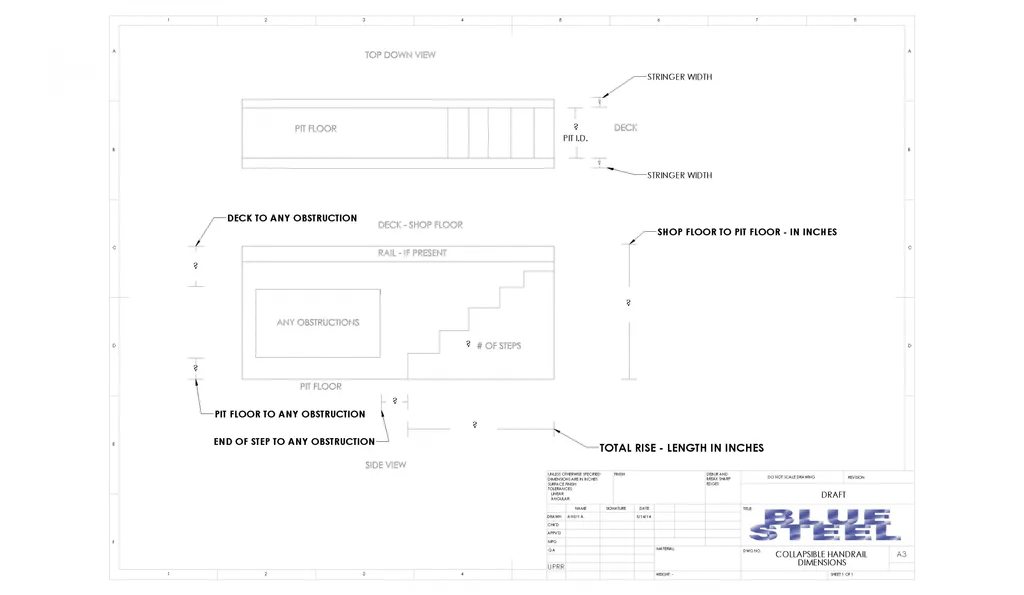 Dimensional drawing of the Blue SteelCo collapsible pit handrail showing rail height and mounting geometry
