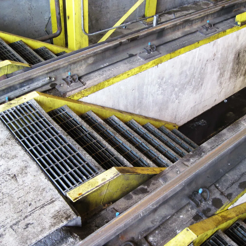 Open service pit stairway with no handrail protection at the pit edge